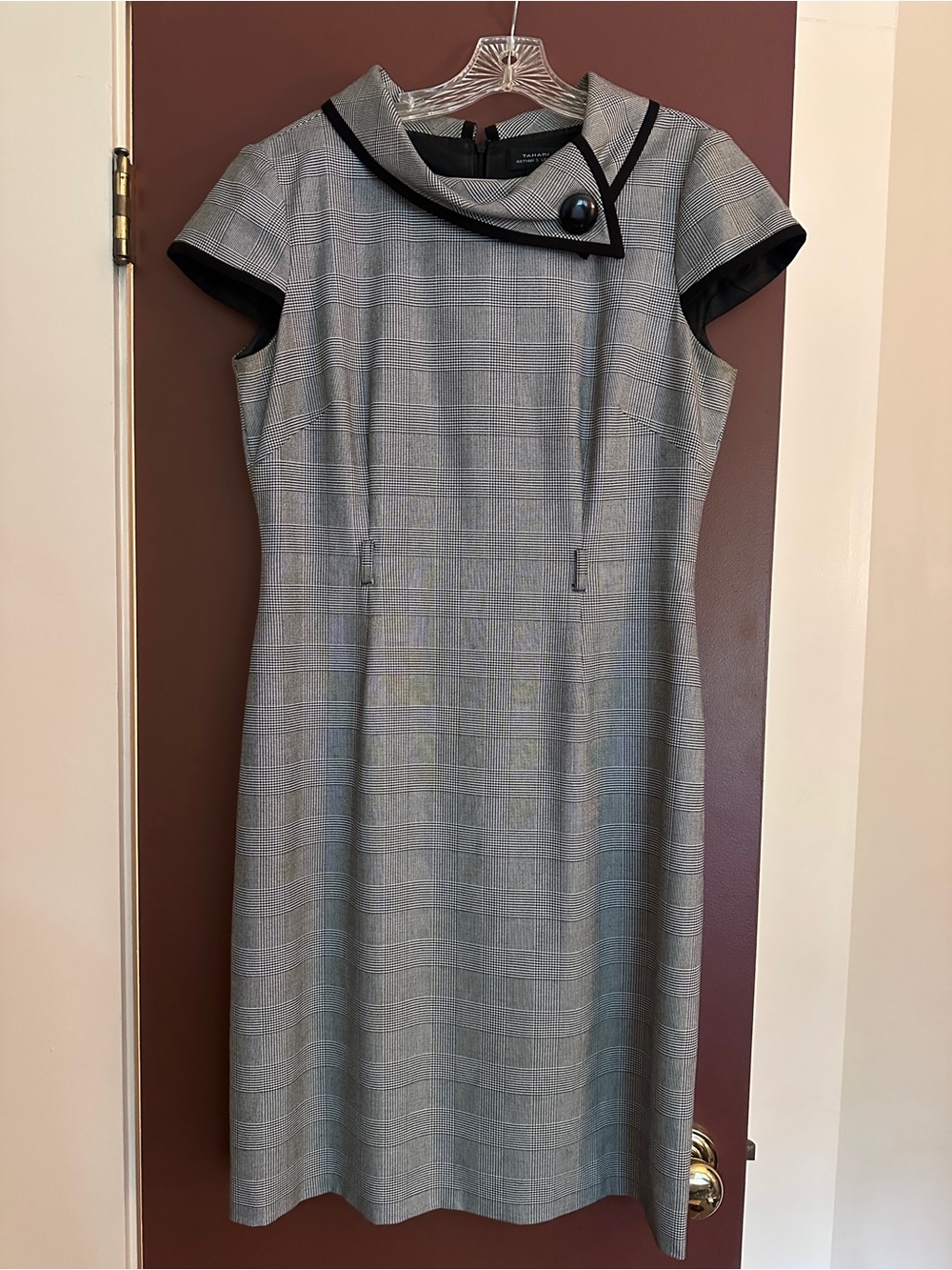 Classic Grey Houndstooth Sheath Dress with Black Trim